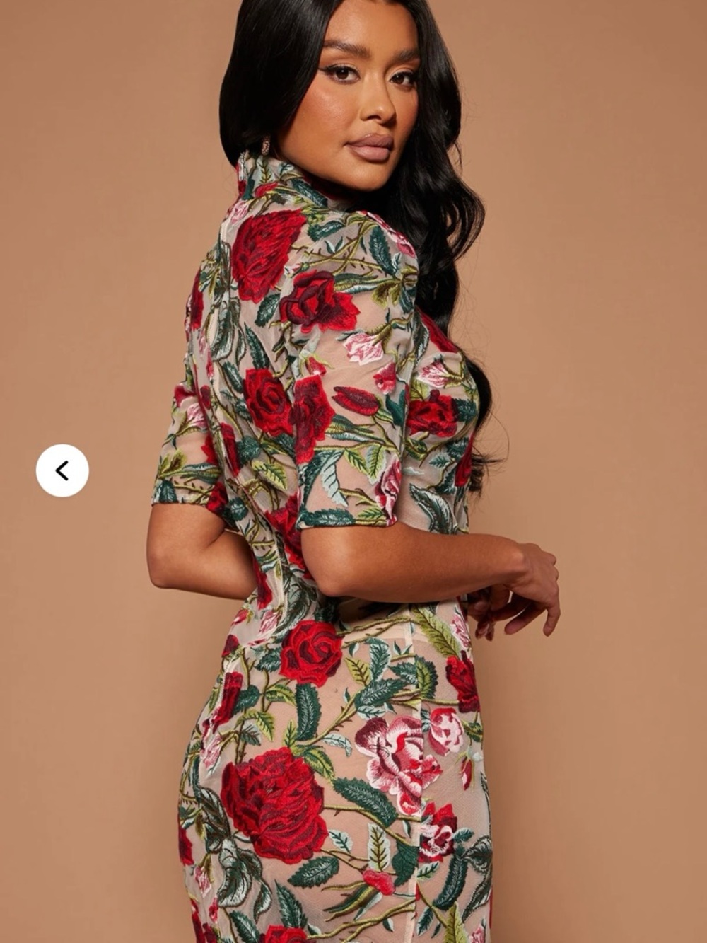 Fashion Nova Beige Mini Dress with Red Floral Embroidery